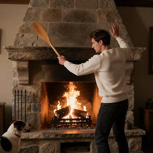 Focused Man by a Stone Fireplace