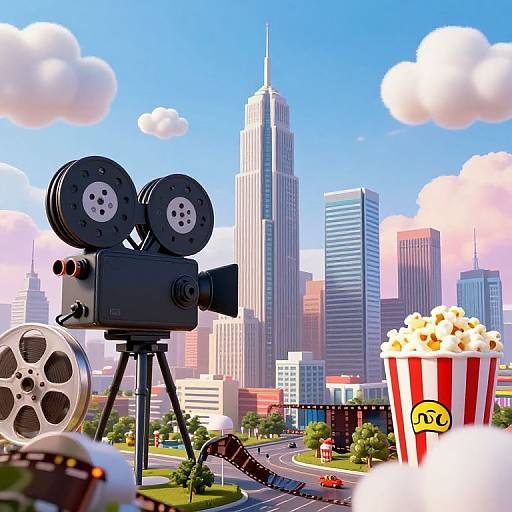 Digital illustration of a film camera, film reel, and popcorn bucket against a colorful cityscape with tall skyscrapers and a clear blue sky.