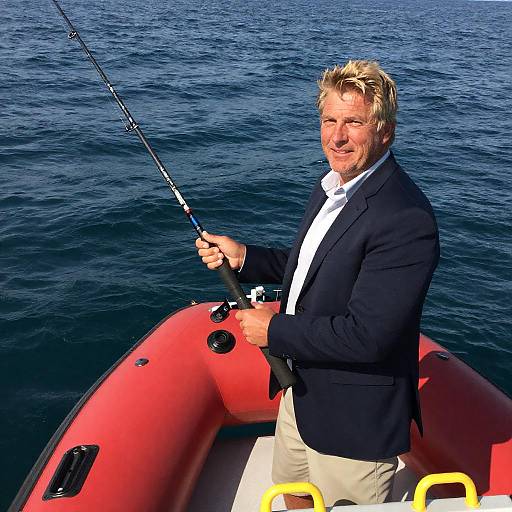 Middle-Aged Blond Man Fishing at Sea