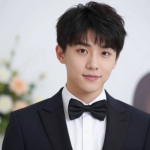 Photograph of a young Asian man with black hair, wearing a black tuxedo, white dress shirt, and black bow tie, against a blurred