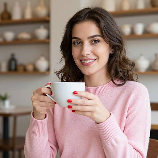 Photograph of a smiling young woman with wavy dark hair, wearing a pink sweater, holding a white cup with red nails, in a cozy,