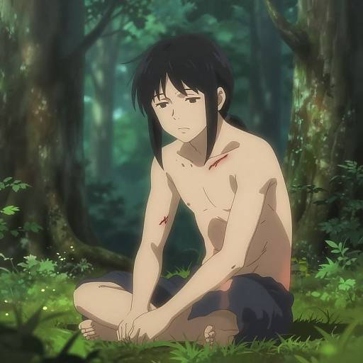 Anime-style digital artwork of a wounded, shirtless young man with black hair, sitting in a lush forest, with blood on his chest and arms.