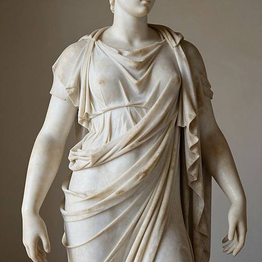 Photograph of a classical white marble statue of a draped female figure, with detailed, flowing fabric and realistic arm positioning.