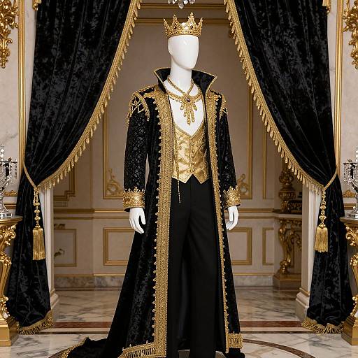 Photograph of a white mannequin wearing an ornate black velvet and gold-trimmed royal robe with a crown, set in an opulent