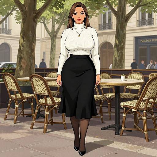 Digital illustration of a curvy, brown-haired woman in a white turtleneck, black skirt, and black heels, standing outdoors at a Parisian