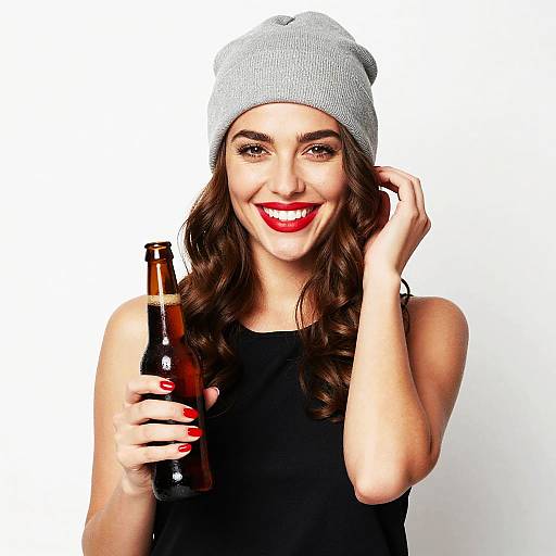 Photograph of a smiling woman with long brown hair, wearing a gray knit beanie and black sleeveless top, holding a brown beer bottle, white