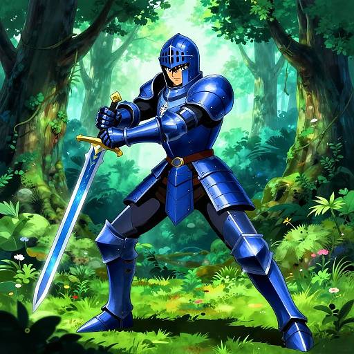 Digital artwork of a blue-armored knight with a helmet, holding a glowing sword in a lush, sunlit forest. Dynamic pose, vivid colors,