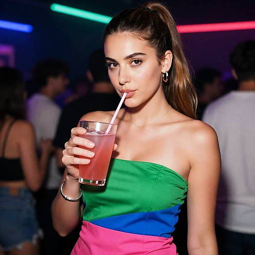 Elegant Woman in Colorful Nightclub Setting