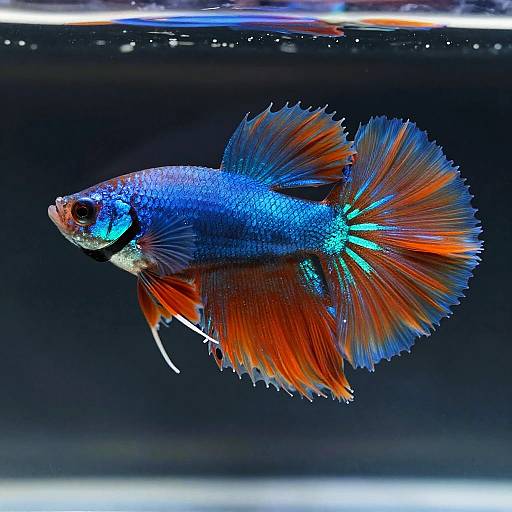 Photograph of a vibrant, blue and orange guppy fish with iridescent scales and flowing fins, swimming in a dark, clear aquarium.