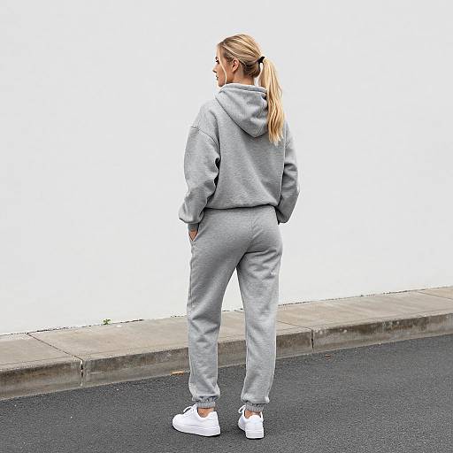Woman in Gray Hoodie and Sweatpants Standing by Wall