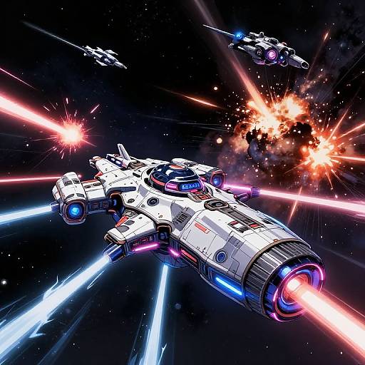 Dynamic sci-fi digital artwork of a white, glowing spaceship with blue and pink laser beams, firing at an explosion-filled, starry space background with two