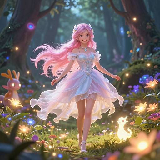Digital artwork of a pink-haired fairy girl in a white, flowing dress, surrounded by glowing flowers and fireflies in a magical forest.