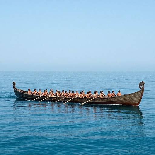 Photograph of a long, wooden canoe with a group of shirtless people sitting in a row, floating on calm, blue ocean water under a clear