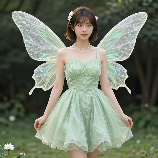 Photograph of an East Asian woman with short black hair, wearing a mint green, fairy-tale dress, and iridescent, translucent wings,