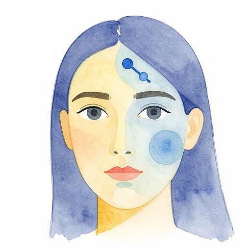 Watercolor illustration of a woman with long blue hair, one side blue-tinted, the other side pale, with a blue dot on her cheek