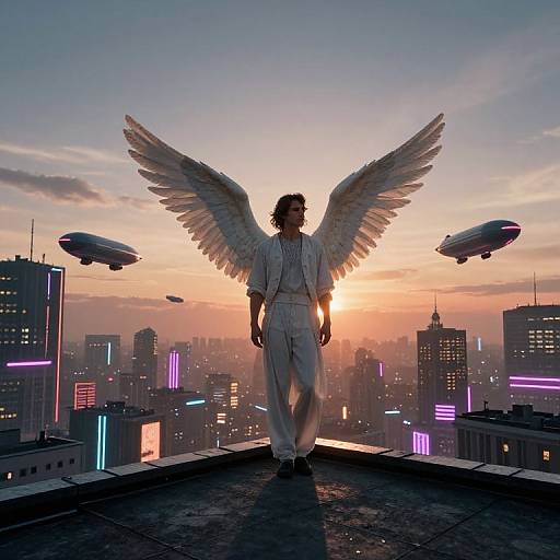 Photograph of a silhouetted angel with large white wings, wearing white clothes, standing on a rooftop at sunset, with neon-lit city