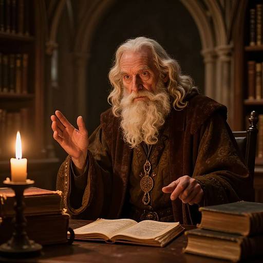 Photograph of an elderly, white-bearded wizard in dark robes, illuminated by a candle, gesturing with one hand, in a dimly lit