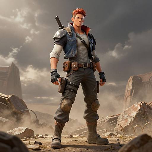 Digital art of a muscular, red-haired man in a blue jacket, black pants, and boots, standing in a dusty, ruined landscape with a rifle