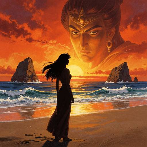 Silhouetted woman stands on beach at sunset, facing giant, glowing Buddha face in fiery sky, with waves and rocky islands. Digital art.