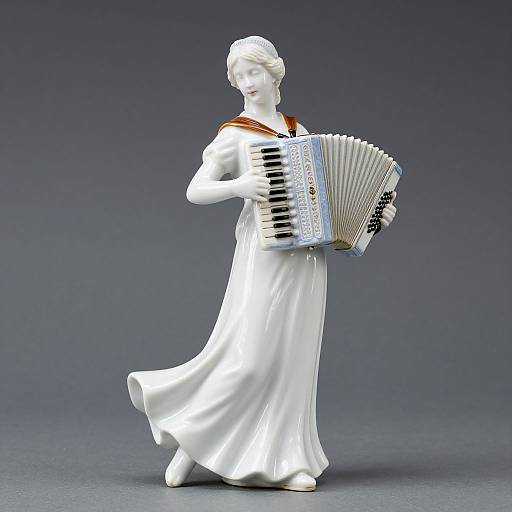 Photograph of a white ceramic statue of a woman in a flowing dress, playing an accordion, with a blue gradient background.
