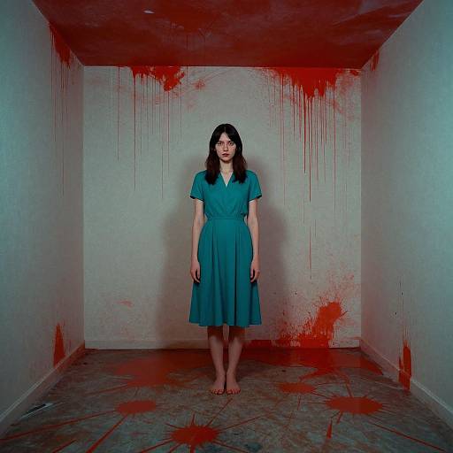 Photograph of a pale woman with black hair, wearing a blue dress, standing barefoot in a bloodstained room with splattered walls and floor
