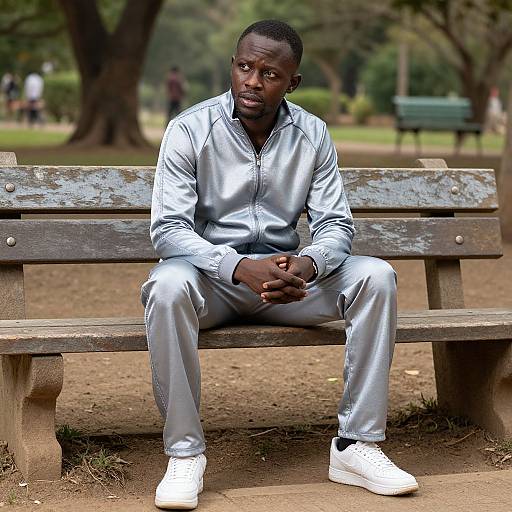 Photograph of a serious-looking Black man with short hair, wearing shiny silver tracksuit and white sneakers, sitting on a weathered wooden bench in a