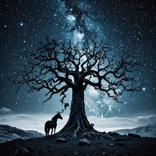Mystical Nordic Tree Under Starry Sky