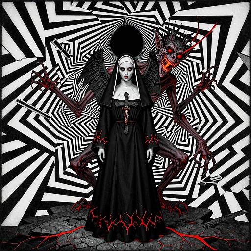 Digital artwork of a pale nun with black habit, blood-streaked, standing before a hypnotic black-and-white spiral pattern with a menacing, glowing