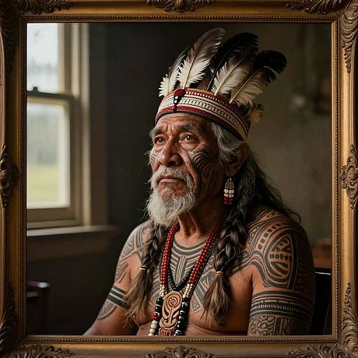 Photograph of an elderly Native American man with tattoos, white and black feathered headband, beaded necklace, and braided hair, framed in