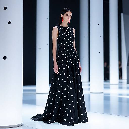 Photograph of a slender woman with dark hair in a black polka dot dress, red earrings, smiling on a white, black-striped runway.