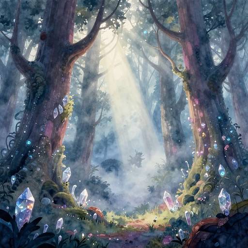 Whimsical forest scene with towering trees, ethereal light, glowing crystals, and mist. Digital painting in vibrant, fantastical style.