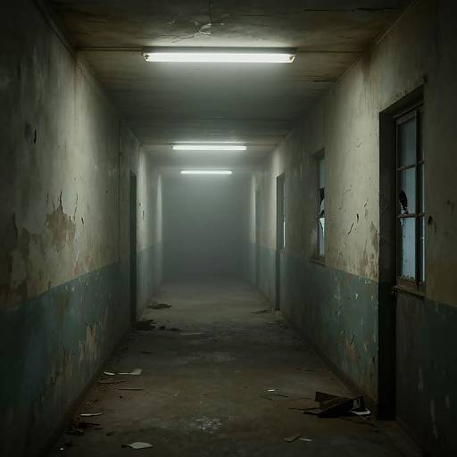 Photograph of a dimly lit, abandoned hallway with peeling paint, cracked ceiling, and fluorescent lights, leading to a foggy, mysterious end