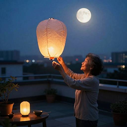 Elderly Woman Releasing Lanterns