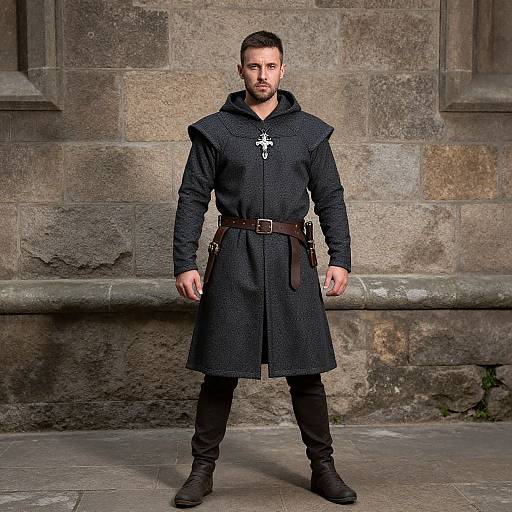 Photograph of a bearded man in a black medieval-style cloak with a cross pendant, brown belt, black pants, and boots, standing against a