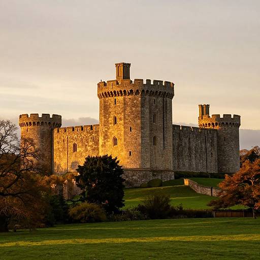 Photograph of a sunlit medieval stone castle with tall towers and crenellations, surrounded by lush green grass and autumn trees.