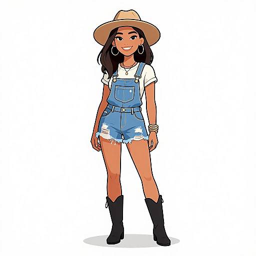Digital illustration of a smiling young woman in blue denim overalls, white shirt, beige hat, hoop earrings, bracelets, and black boots.