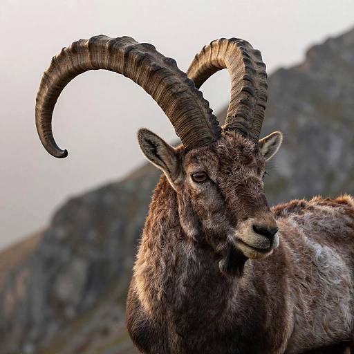 Photograph of a majestic ibex with large, curved horns, brown fur, and a serious expression, set against a blurred mountain background.