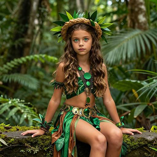 Photograph of a young girl with long brown hair, green leaf crown, and green leafy costume, sitting on a moss-covered rock in a lush