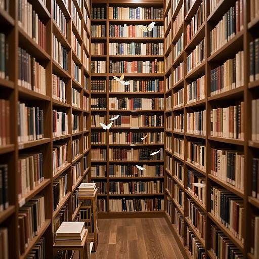 Photograph of a tall, narrow library aisle with wooden bookshelves filled with colorful books, two white birds flying between them, and two small wooden