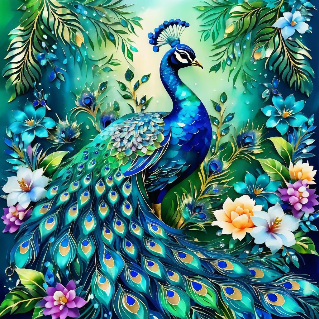 Vibrant Peacock Amidst Exotic Blooms