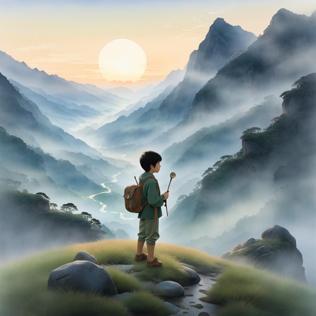 Adventurous Boy with Compass in Misty Valley