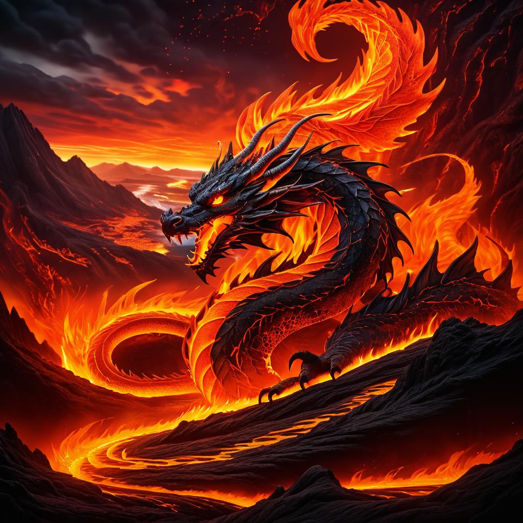 Majestic Dragon in Fiery Volcano Landscape