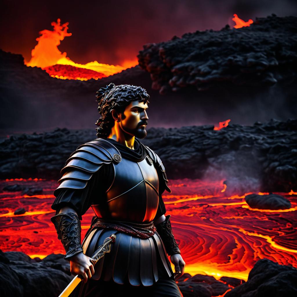 Dramatic Warrior Amid Fiery Landscape