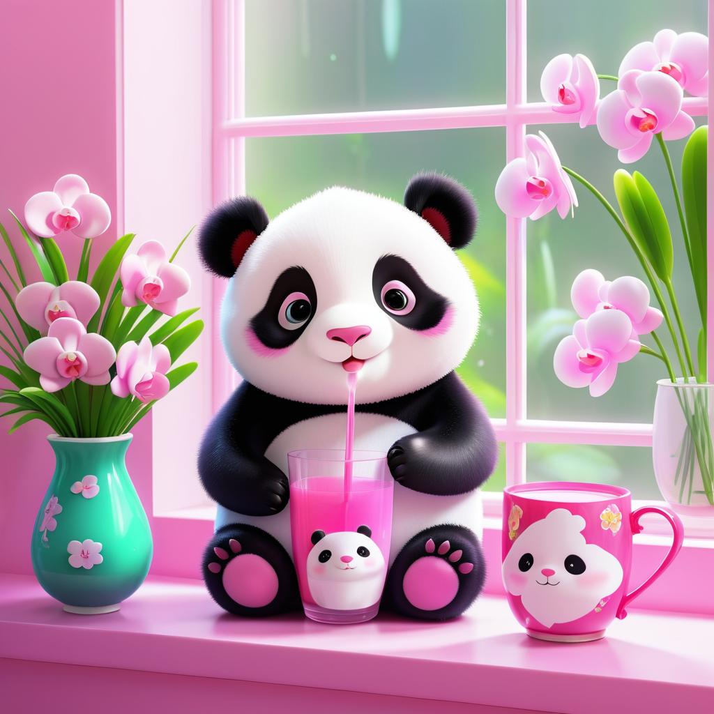 Whimsical Pink Panda on a Windowsill