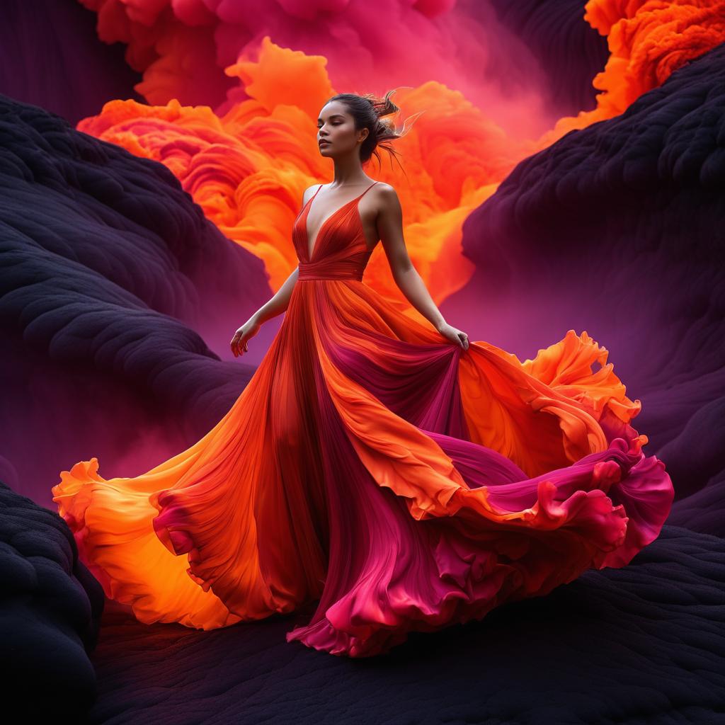 Surreal Woman in Flowing Lava Gown