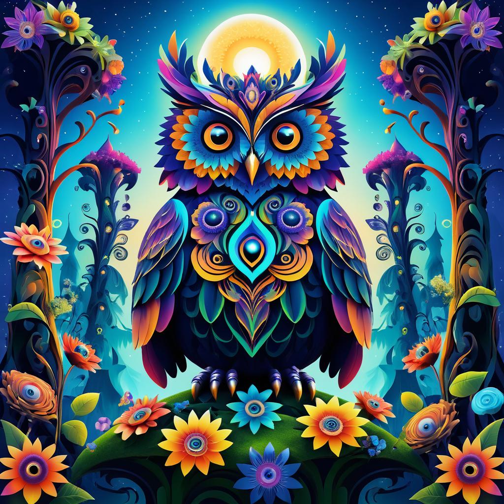 Surreal Owl Creature on Vibrant Totem