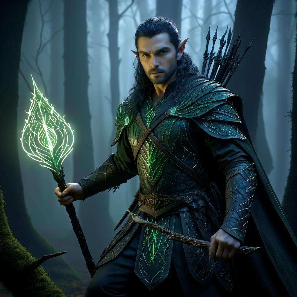 Elven Ranger Casting Spells in Misty Forest