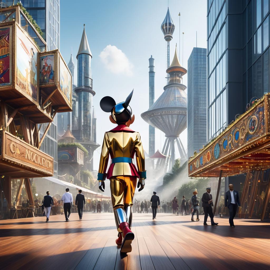 Futuristic Pinocchio in a Tech City