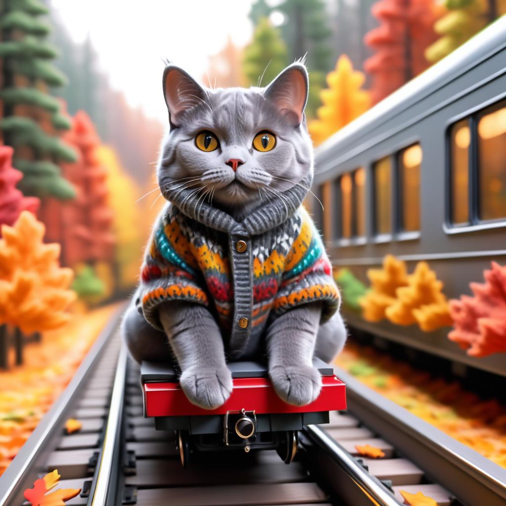 Cozy Cat on Train in Autumn Forest