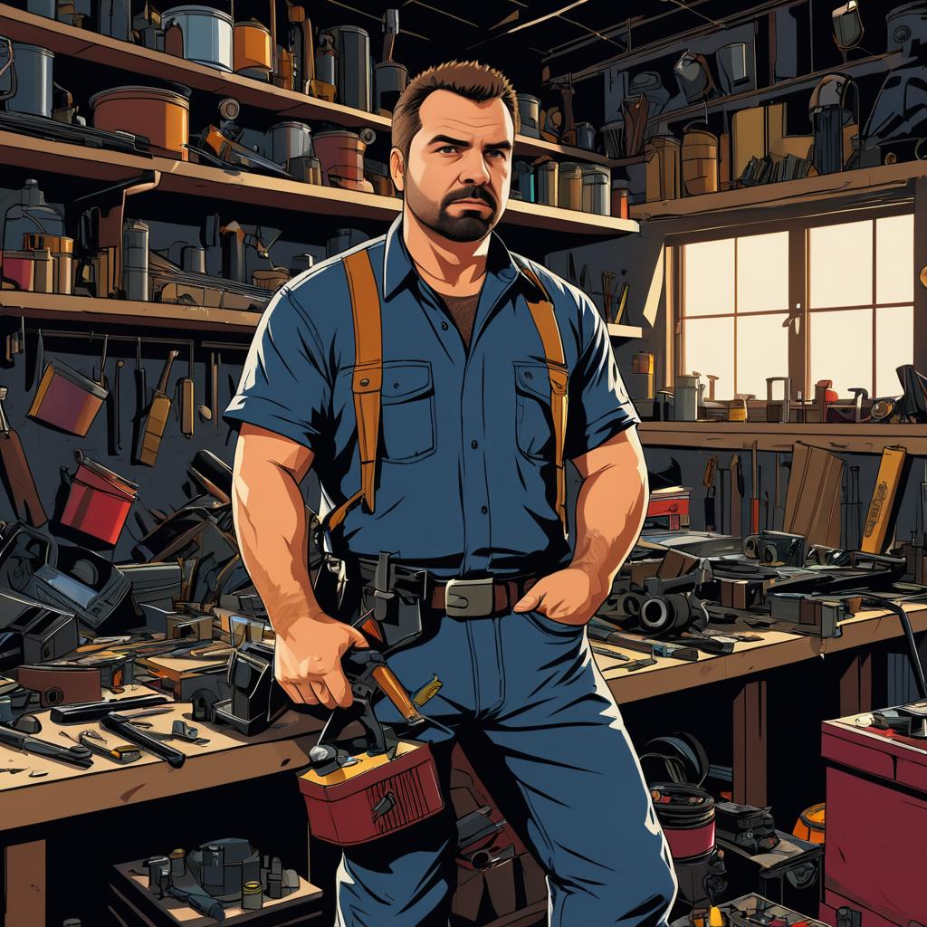 Gritty Mechanic in a Cluttered Workshop